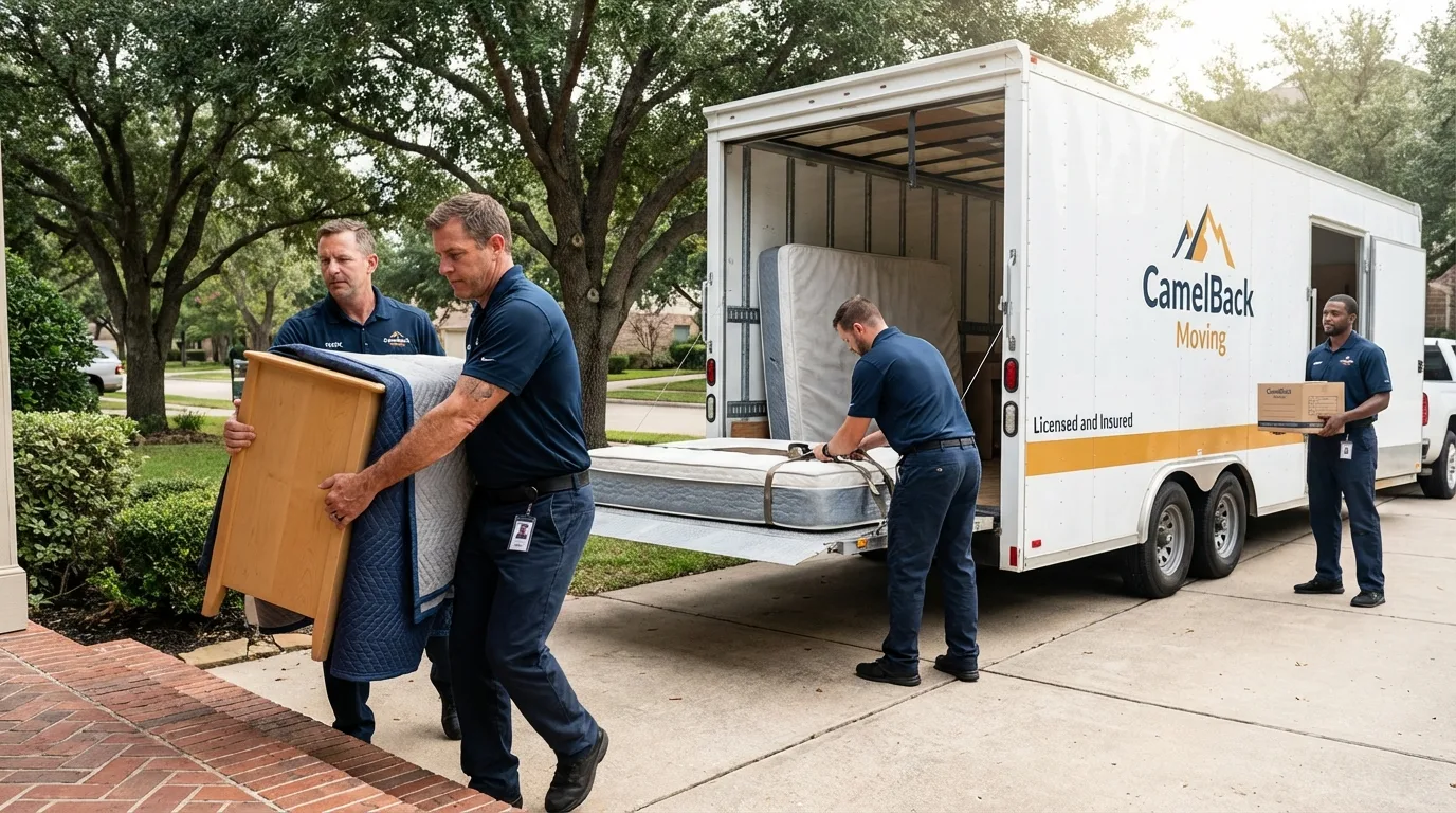 Crew loading residential truck for cross-state move from Warren, ME