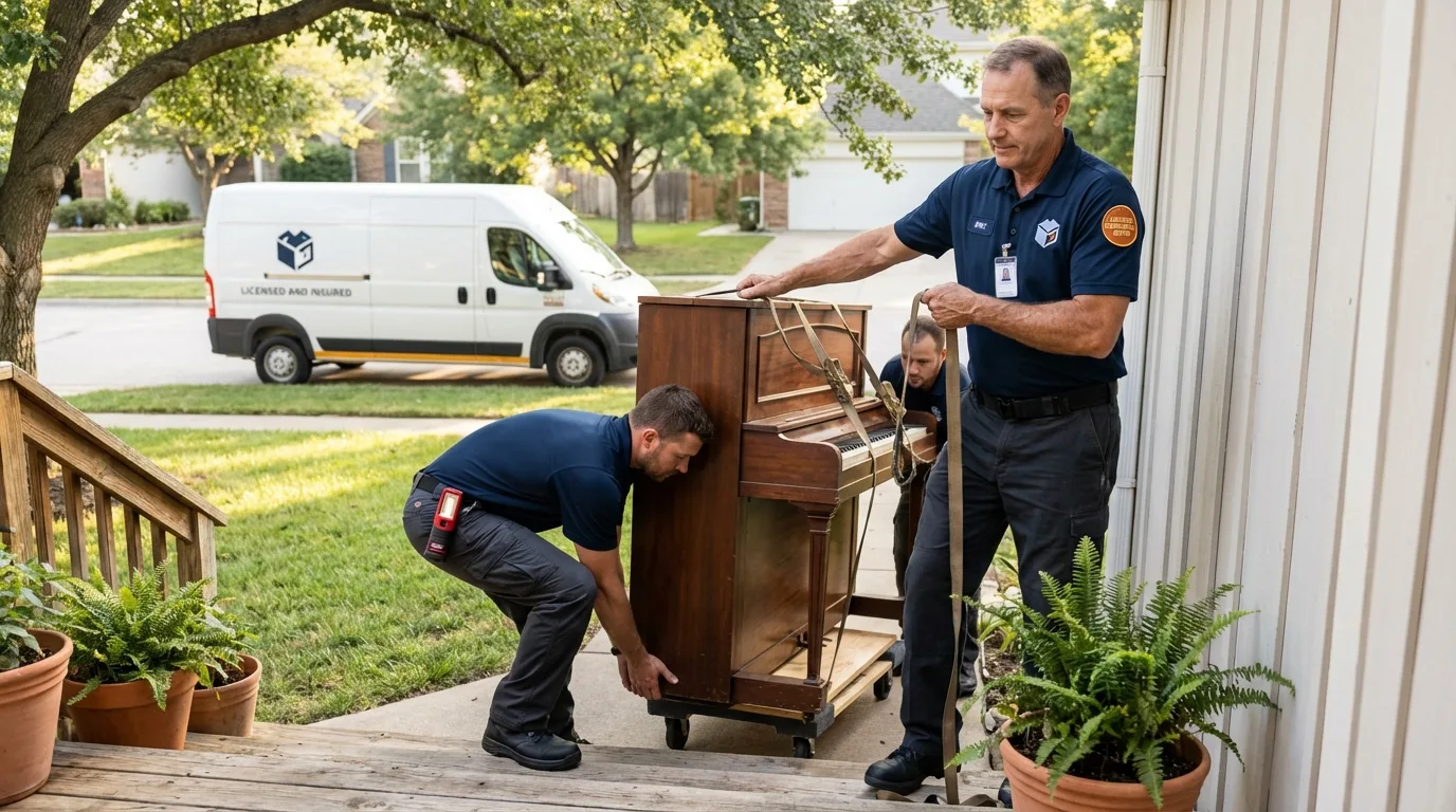 Licensed piano movers securing grand piano in Warren, ME